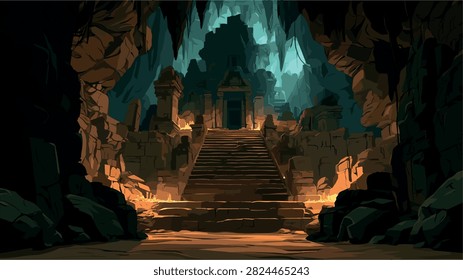 Mysterious Ancient Temple Steps in a Dark Fantasy Cave