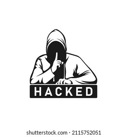 Misterioso y anónimo hacker en hoodie. Computadora hackeada. Seguridad y protección de la red. Programa de malware o virus. Modo incognito. Robo de datos. Estafador en línea. Ilustración del logotipo en blanco y negro.