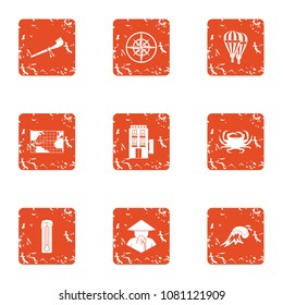 Mysterious asia icons set. Grunge set of 9 mysterious asia vector icons for web isolated on white background