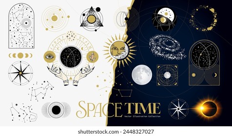 Mysteriöse Astrologie und Astronomie Universum Themen Objekte und Sterne Sternzeichen Muster. Vektorillustration