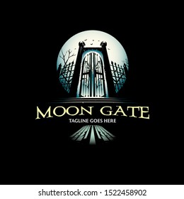 A mysterious and atmospheric gothic logo featuring a wrought iron cemetery gate silhouetted against a large, glowing full moon. The design includes eerie leafless trees and bats, creating a haunted graveyard aesthetic. This professional vector emblem is ideal for horror-themed entertainment, escape rooms, gothic apparel, halloween event branding, and dark fantasy novel covers.