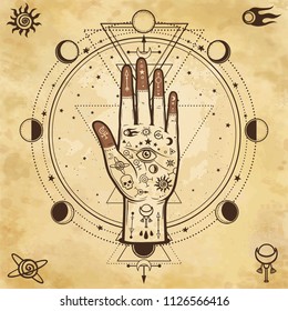 Mysterious background: divine hand, providence eye, sacred geometry, phases of the moon. Background - imitation of old paper. Esoteric, mysticism, occultism. Print, poster, t-shirt, card. Vector.