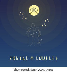 Mysterious background. A man and woman in magic vintage style. The moon with all-seeing eye and stars , Esoteric, mysticism, occultism. Print, poster, t-shirt, card. Vector illustration.