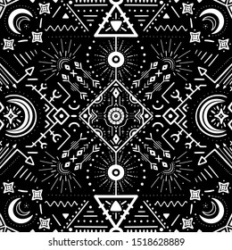 Mysterious background with moon, stars and sacred geometry symbols. Decorative geometric seamless pattern over black background. Vector illustration for greeting card design, poster, print, embroidery