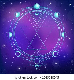 Mysterious background: night star sky, circle of a phase of the moon, sacred geometry.  Esoteric, mysticism, occultism. Print, poster, t-shirt, card. Vector illustration. Place for the text.