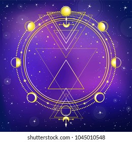 Mysterious background: night star sky, circle of a phase of the moon, sacred geometry.  Esoteric, mysticism, occultism. Print, poster, t-shirt, card. Vector illustration. Place for the text.