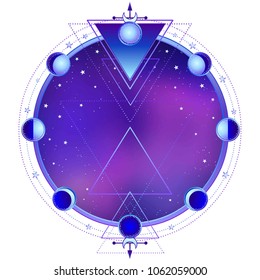 Mysterious background: night star sky, circle of a phase of the moon, sacred geometry.  Esoteric, mysticism, occultism. Print, poster, t-shirt, card. Vector illustration. Place for the text.