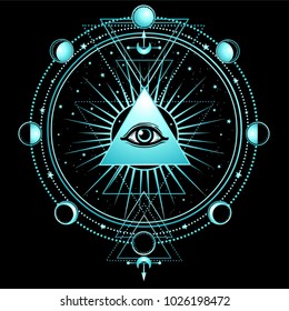 Mysterious background: pyramid, all-seeing eye, sacred geometry. Esoteric, mysticism, occultism. Print, poster, t-shirt, card. Vector illustration on a black background.