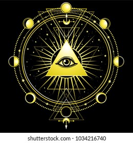 Mysterious background: pyramid, all-seeing eye, sacred geometry. Esoteric, mysticism, occultism. Print, poster, t-shirt, card. Vector illustration on a black background.