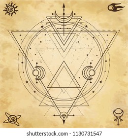 Mysterious background: sacred geometry, circles, triangles, stars. Background - imitation of old paper. Place for the text. Esoteric, mysticism, occultism.  Vector illustration.