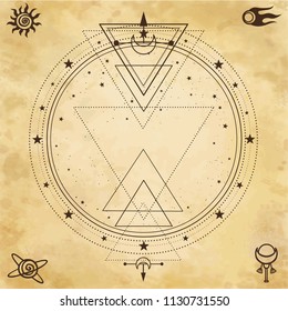  Mysterious background: sacred geometry, circles, triangles, stars. Background - imitation of old paper. Place for the text. Esoteric, mysticism, occultism.  Vector illustration.