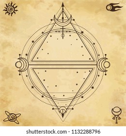 Mysterious background: sacred geometry, circles, triangles, stars. Background - imitation of old paper. Place for the text. Esoteric, mysticism, occultism.  Vector illustration.