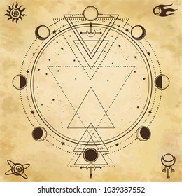 Mysterious background: sacred geometry, phases of the moon. Place for the text.Background - imitation of old paper. Esoteric, mysticism, occultism. Print, poster, t-shirt, card. Vector illustration.