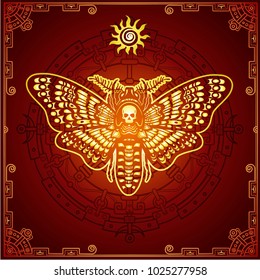 Mysterious background: the stylized color image of a moth the Dead Head, a mystical circle, a decorative frame. Esoteric, mysticism, occultism. Print, poster, t-shirt, card. Vector illustration.