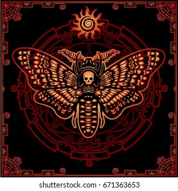 Mysterious background: the stylized color image of a moth the Dead Head, a mystical circle, a decorative frame. Esoteric, mysticism, occultism.  Print, poster, t-shirt, card. Vector illustration.