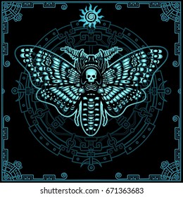 Mysterious background: the stylized color image of a moth the Dead Head, a mystical circle, a decorative frame. Esoteric, mysticism, occultism.  Print, poster, t-shirt, card. Vector illustration.