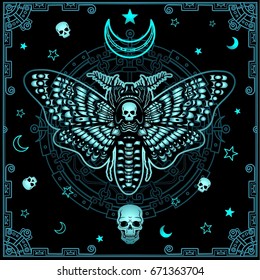 Mysterious background: the stylized color image of a moth the Dead Head, a mystical circle, a decorative frame. Esoteric, mysticism, occultism.  Print, poster, t-shirt, card. Vector illustration.