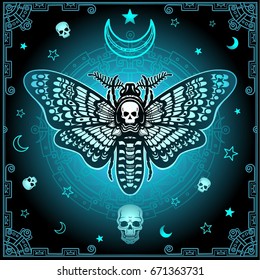 Mysterious background: the stylized color image of a moth the Dead Head, a mystical circle, a decorative frame. Esoteric, mysticism, occultism.  Print, poster, t-shirt, card. Vector illustration.