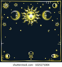 Mysterious background: the stylized sun and the moon in an image of the man and woman. Space symbols, gold imitation. Esoteric, mysticism, occultism. Print, poster, t-shirt, card. Vector illustration.