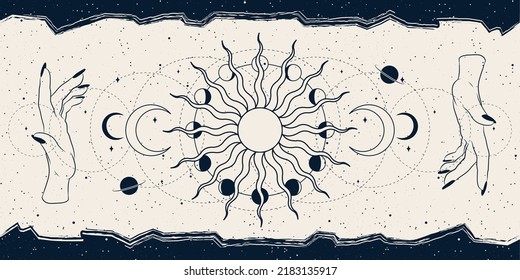 Mysterious banner with magic celestial symbols - moon, sun, stars. Vector background for landing page, web design. Astrology, fortune telling, tarot reading concept. Book cover, poster.