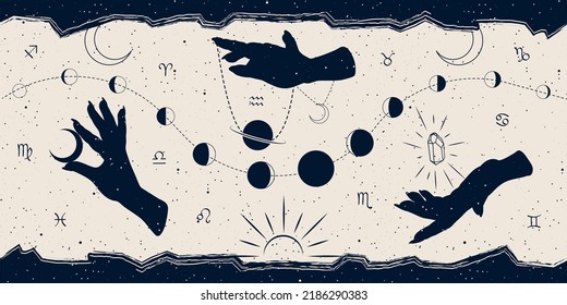 Mysterious banner with magic hands and celestial symbols - moon, sun, stars. Vector background for landing page, web design. Astrology, fortune telling, tarot reading concept. Book cover, poster.