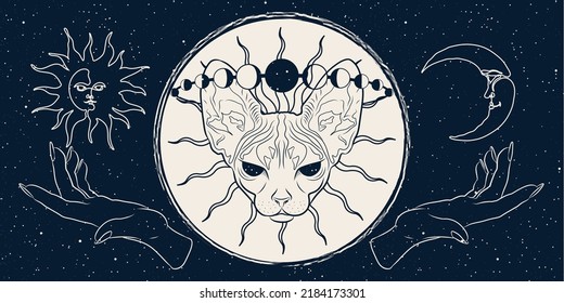 Mysterious banner with sphinx cat and moon. Vector background for landing page, web design. Astrology, fortune telling, tarot reading concept. Book cover, poster. Animal spirit art