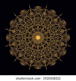 Mysterious Beautiful Hand Drawn Mandala For Meditation, Tattoo Design Oriental Or Indian, Islamic Ornament Vector Illustration. Luxury Gold And Black Color 