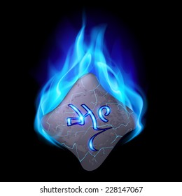 Mysterious bend stone with magic rune in blue flame