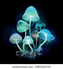 Mysterious, bioluminescent, blue, green toadstools on night, dark, glowing background. Glowing mushrooms. hand drawn vector art