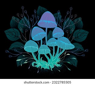 Mysterious, bioluminescent, hallucinogenic, bright toadstools with bushes of marsh plants on night, dark, glowing background. Glowing mushrooms. Goblincore, Mushroomcore, 