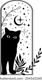 A mysterious black cat gazes out under a starry night sky framed by elegant leaves and celestial patterns