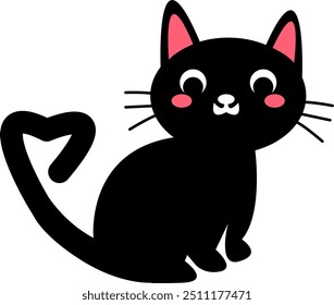 Gato preto misterioso com forma de coração Cauda. Adesivo de Halloween. Ilustração de gatinho de desenhos animados bonito para decoração assustadora. Dia dos Namorados. Mystic Feline.