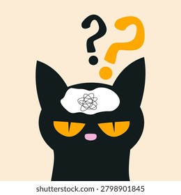Mysterious Black Cat Pondering Complex Thoughts with Question Marks, Creative Flat Design Illustration on Beige Background