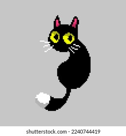 Un misterioso gato negro sentado y mirándote. Ojos amarillos gato negro. Pixel estilo gato.