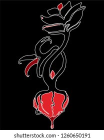 Mysterious black rose rooted in the red bleeding hear on black background. Poster art illustration tattoo.