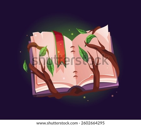 Mysterious blank opened book with growing tree branches and leaves. Vector isolated magic grimoire for game design. Wizard or sorcerer artifact, antique occult knowledge manuscript or publication