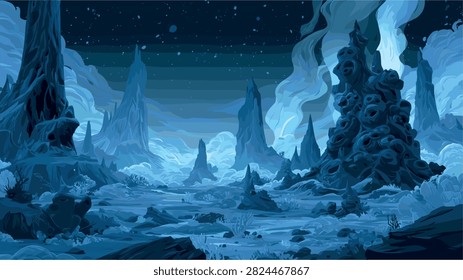 Mysterious Blue Alien Landscape with Spiky Rocks and Haze
