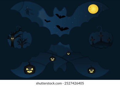 Mysterious blue Halloween landscape. A window in the shape of a pair of pumpkins and a bat with its reflection. Vector illustration. Cutout style. Full moon. Starry sky. All Saints Day. Ominous trees 