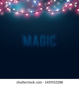 Mysterious blurred background with glowing light bulb garlands. Fairy lights decor for Christmas, New Year, birthday celebration flyer, banner or invitation. Vector illustration.
