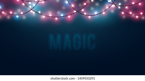 Mysterious blurred background with glowing light bulb garlands. Fairy lights decor for Christmas, New Year, birthday celebration flyer, banner or invitation. Vector illustration.