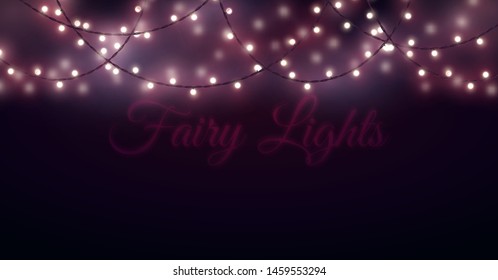 Mysterious blurred background with glowing light bulb garlands. Fairy lights decor for Christmas, New Year, birthday celebration flyer, banner or invitation. Vector illustration.