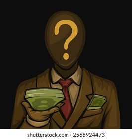 Mysterious Businessman With Question Mark On Head Holding Money In Dark Background Illustration Vector