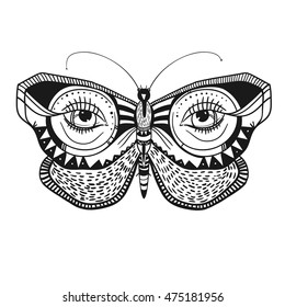 mysterious butterfly with decorative ornaments, vector illustration, beautiful butterfly isolated on white