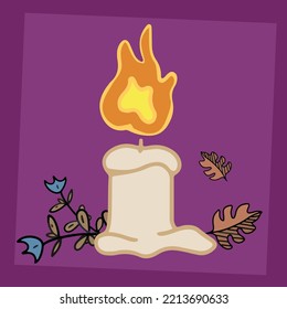 Mysterious candle, hand drawn illustration, Halloween decoration, candle with dry foliage.