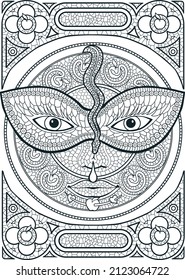 Mysterious Carnival Mask with snake between eyes - colouring page for adult	