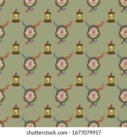 Mysterious cartoon seamless pattern medieval jester in cap and lamp with candle. Medieval clothing style. Excellent vector design for wrapping paper, wallpaper, background and game design.