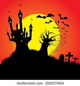 MYSTERIOUS CASTLE WITH TREE WITHOUT LEAVES, A CEMETERY WITH GRAVES AND FLYING BATS