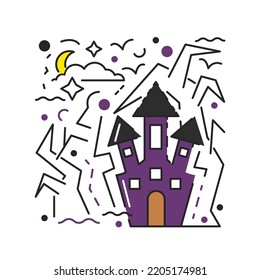 Mysterious castle with trees isolated on white background. Halloween traditional holiday symbols textured concept design. Haunted house at night. Hand drawn flat creepy silhouette vector illustration