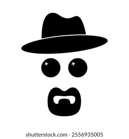 Mysterious Character with Hat Silhouette Vector Illustration. The character is defined by a wide-brimmed hat with a curved silhouette, round sparkling eyes, and a mouth expressing surprise or wonder.