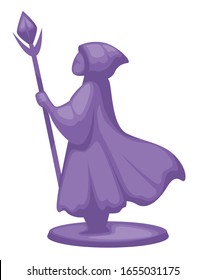 Mysterious character or magician figurine character for kids games. Toy for children, personage statuette wearing medieval clothes cloak and wand. Wizard or fantasy hero, vector in flat style